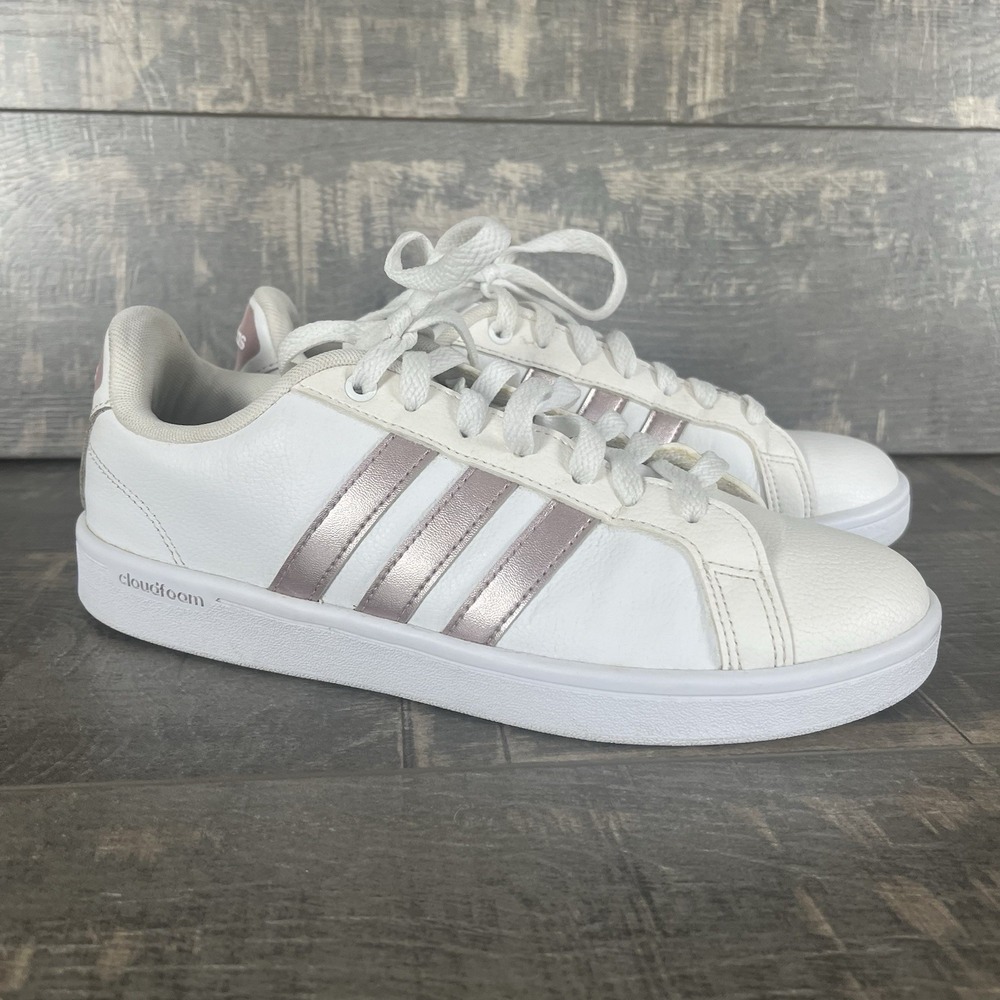 Adidas Cloudfoam Sneakers White Rose Gold Stripes Lace Up Women Size 8.5